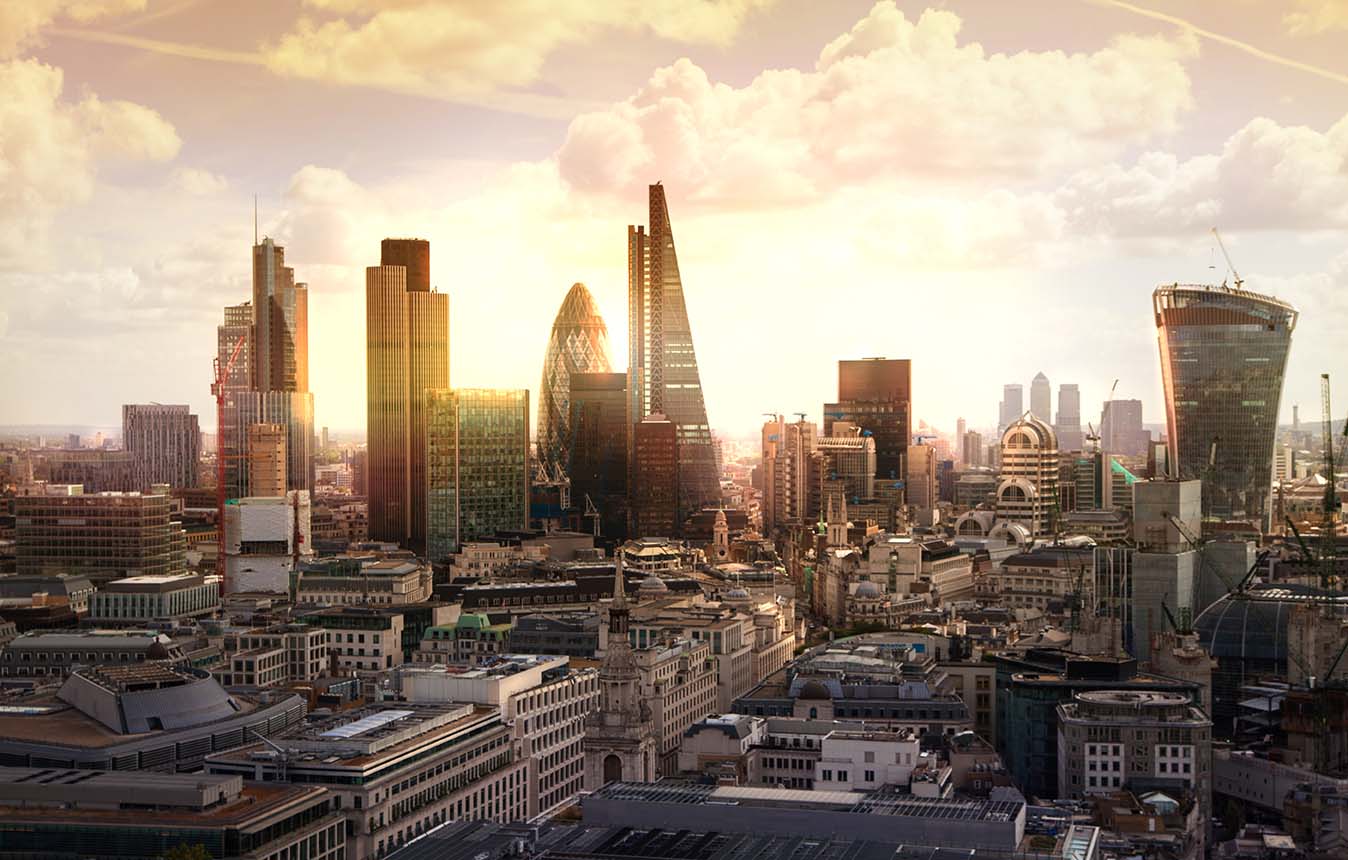 View of London skyscrapers with setting sun