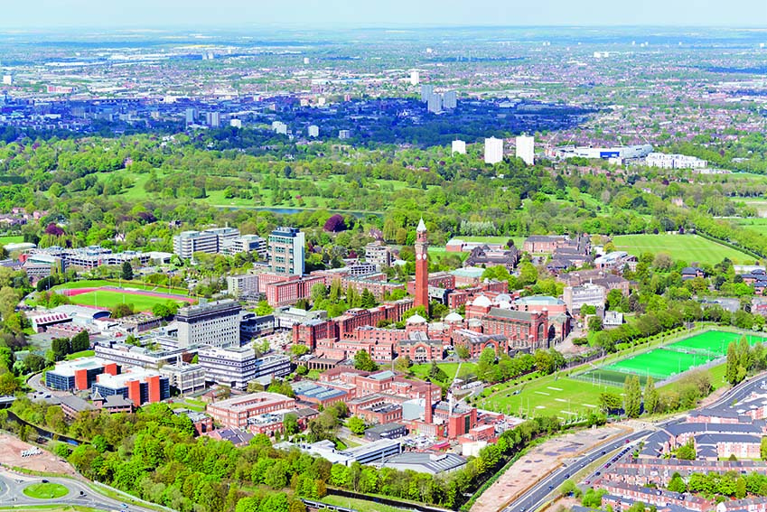 Ariel view of the University of Birmingham showing many buildings