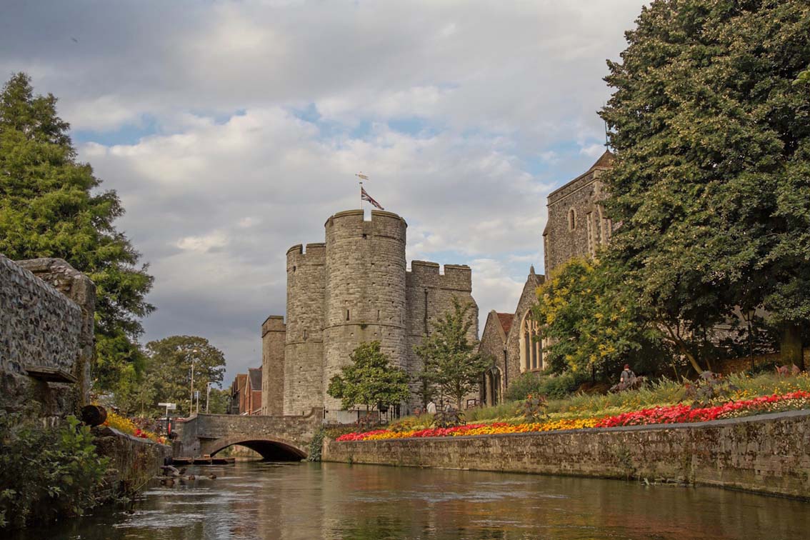 Looking down the river in Canterbury to stone castle 