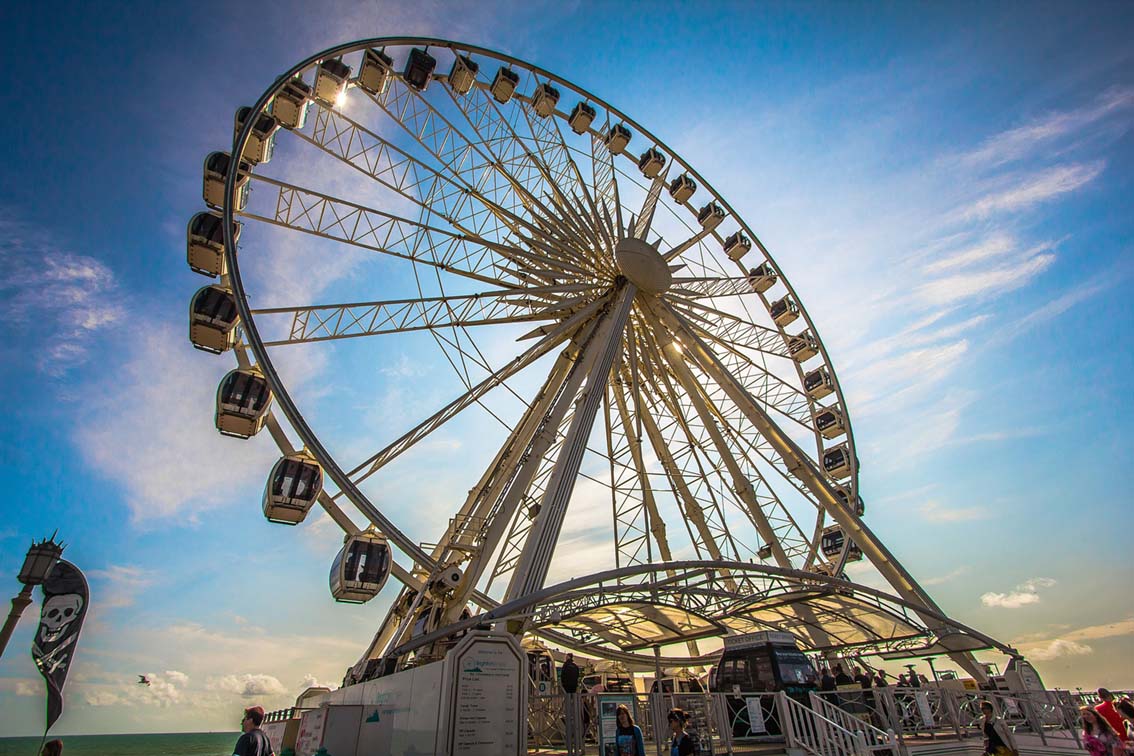 Looking up at the Brighton ferris wheel against a blue sky 