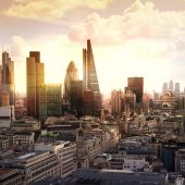 View of London skyscrapers with setting sun