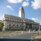 View of Leeds campus building with large clock tower