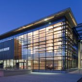 Evening view of lit up campus building