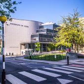 Looking across a cross walk to a Leeds campus building