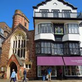 Street view of Exeter sidewalk and buildings