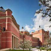 Birmingham red brick campus buildings with trees